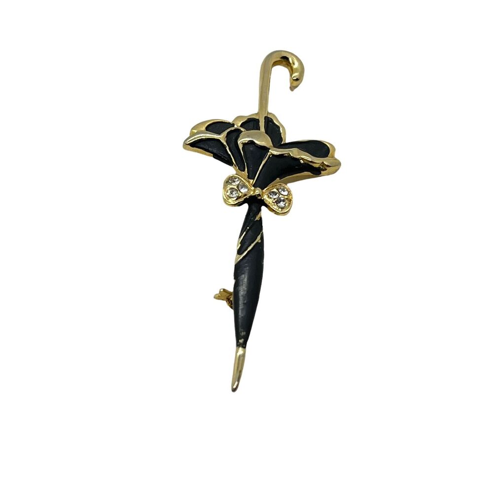 Umbrella Brooch Pin Vintage 1980s Womens Gold Tone Black Enameled Rhinestones